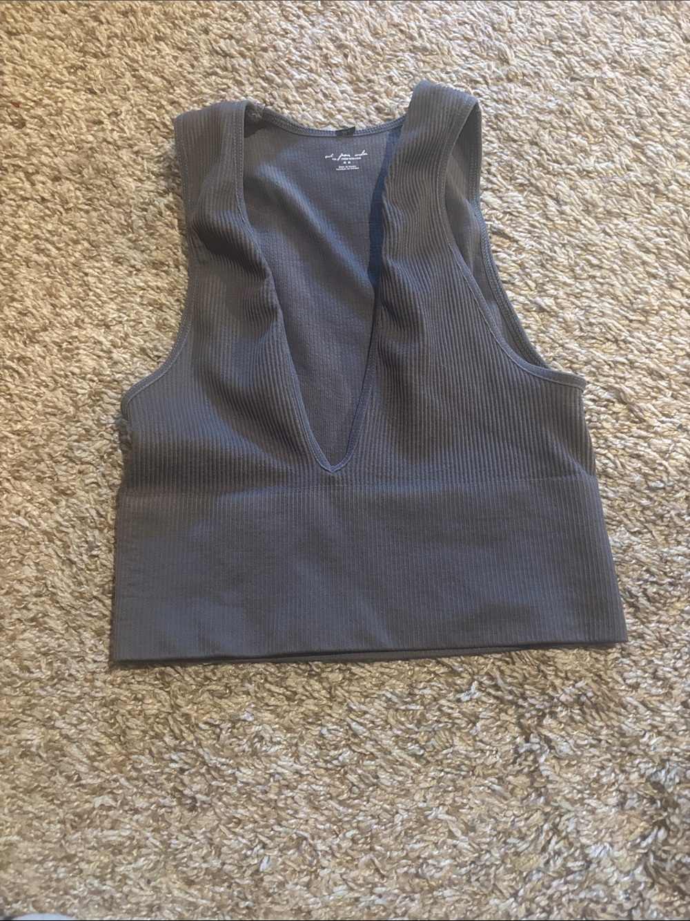 Ribbed Deep V Crop Tank Top - Gray